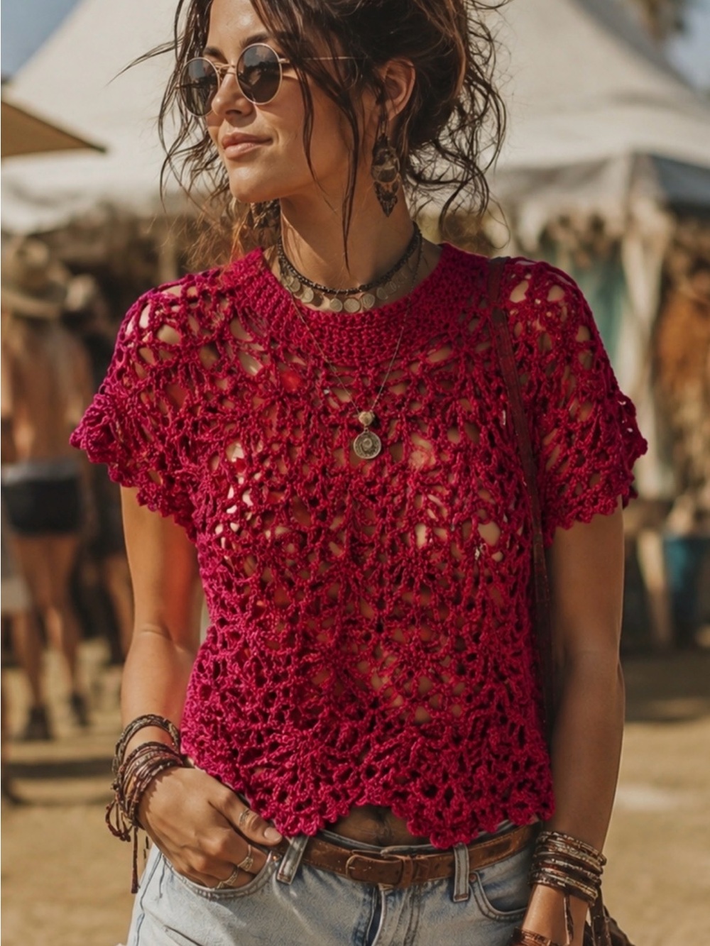 Vibrant Red Boho Chic Festival Style Crochet Breezy Top Shirt Layering Boho Y2K